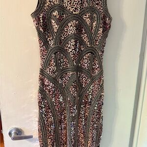 Art Deco style Black and Rose Gold Patterned Dress with fringe bottom